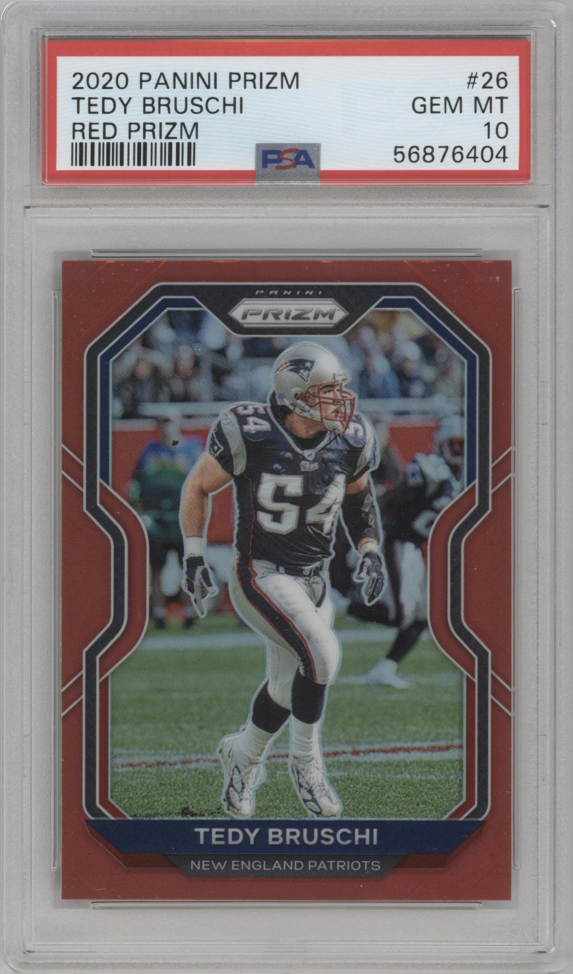 Tedy Bruschi from the 2020 Panini Prizm set featuring a Red Prizm parallel graded by PSA and given an overall grade of 10.