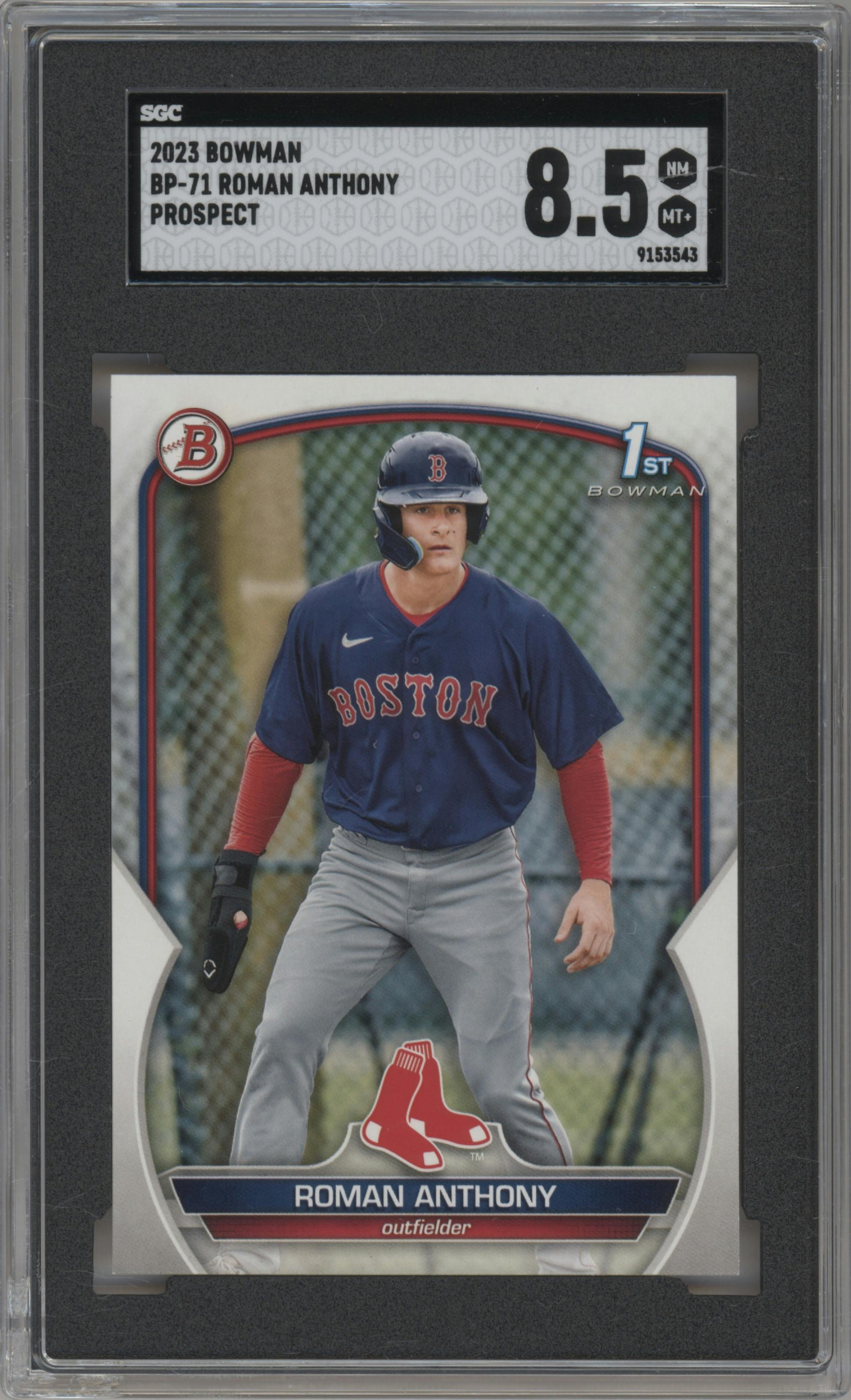 Roman Anthony from the 2023 Bowman  set graded by SGC and given an overall grade of 8.5.