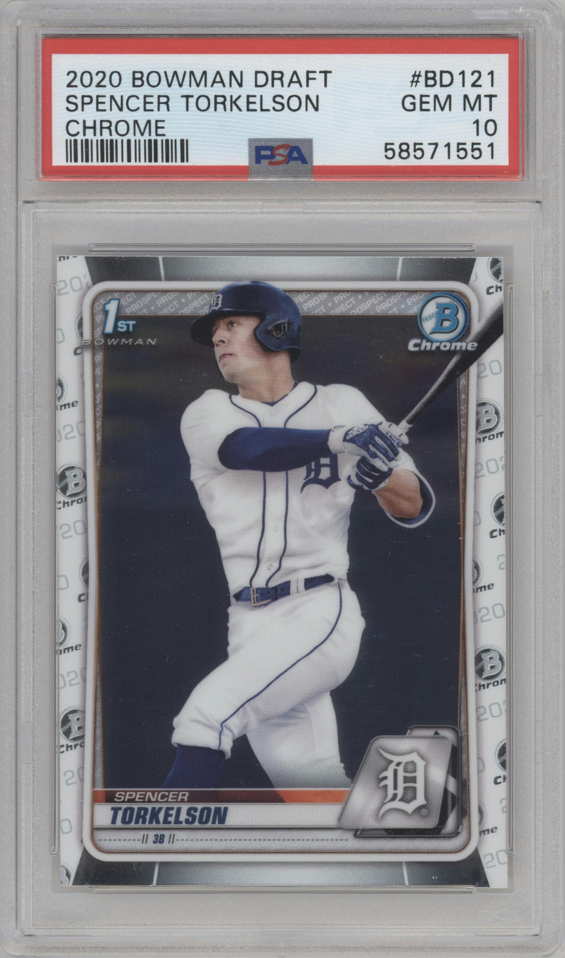 Spencer Torkelson from the 2020 Bowman Draft set graded by PSA and given an overall grade of 10.