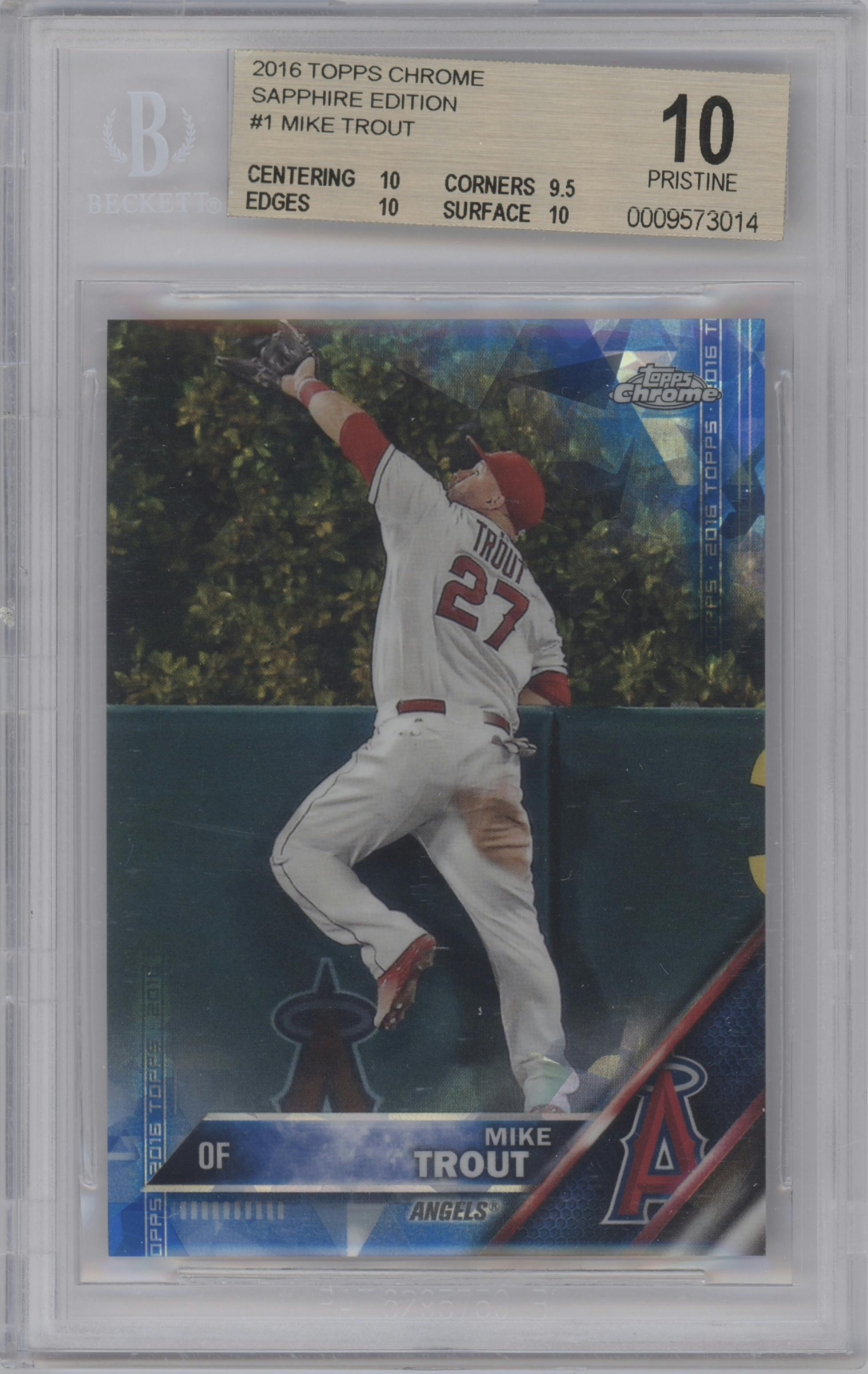 Mike Trout from the 2016 Topps Chrome Sapphire Edition set graded by Beckett and given an overall grade of 10.