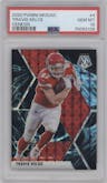 Travis Kelce from the 2020 Panini Mosaic set featuring a Genesis parallel graded by PSA and given an overall grade of 10.