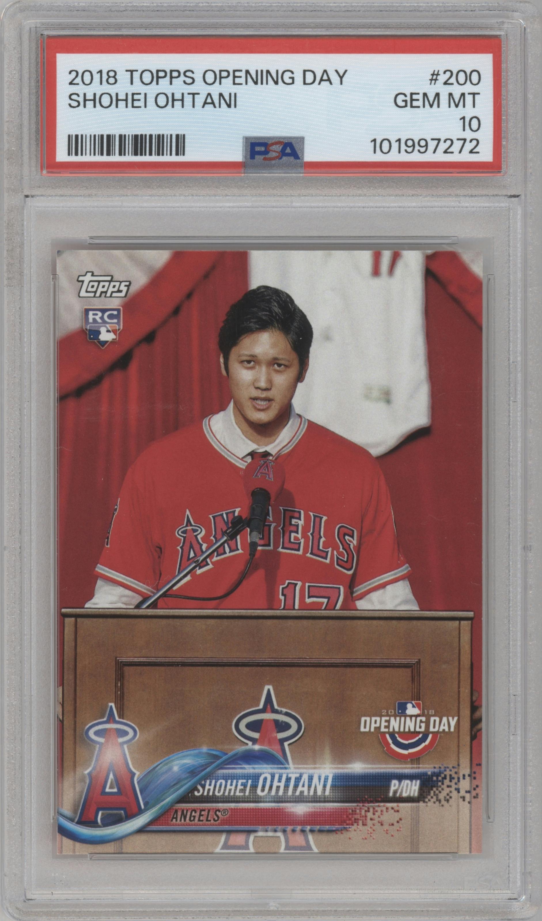 Shohei Ohtani from the 2018 Topps Opening Day set graded by PSA and given an overall grade of 10.