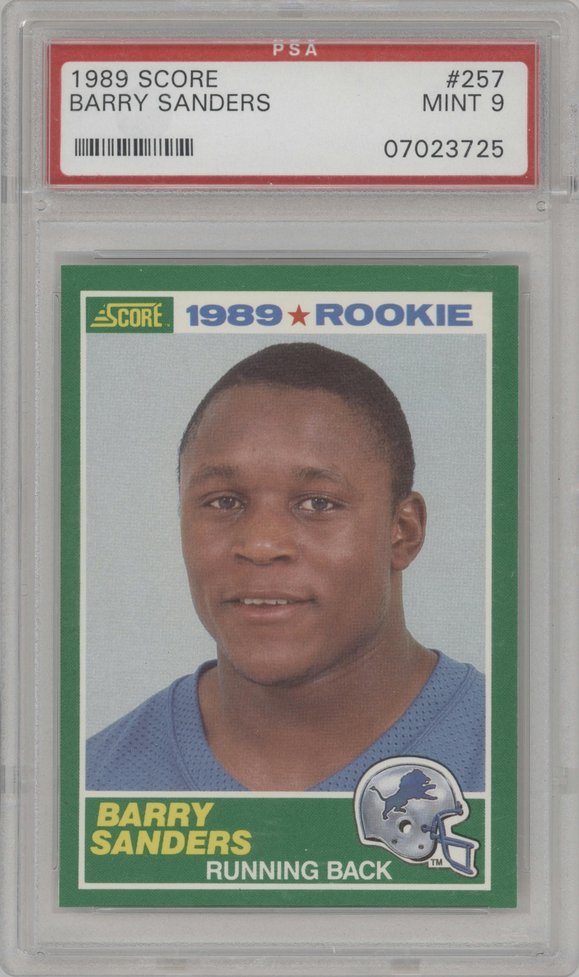 Barry Sanders from the 1989 Score set graded by PSA and given an overall grade of 9.