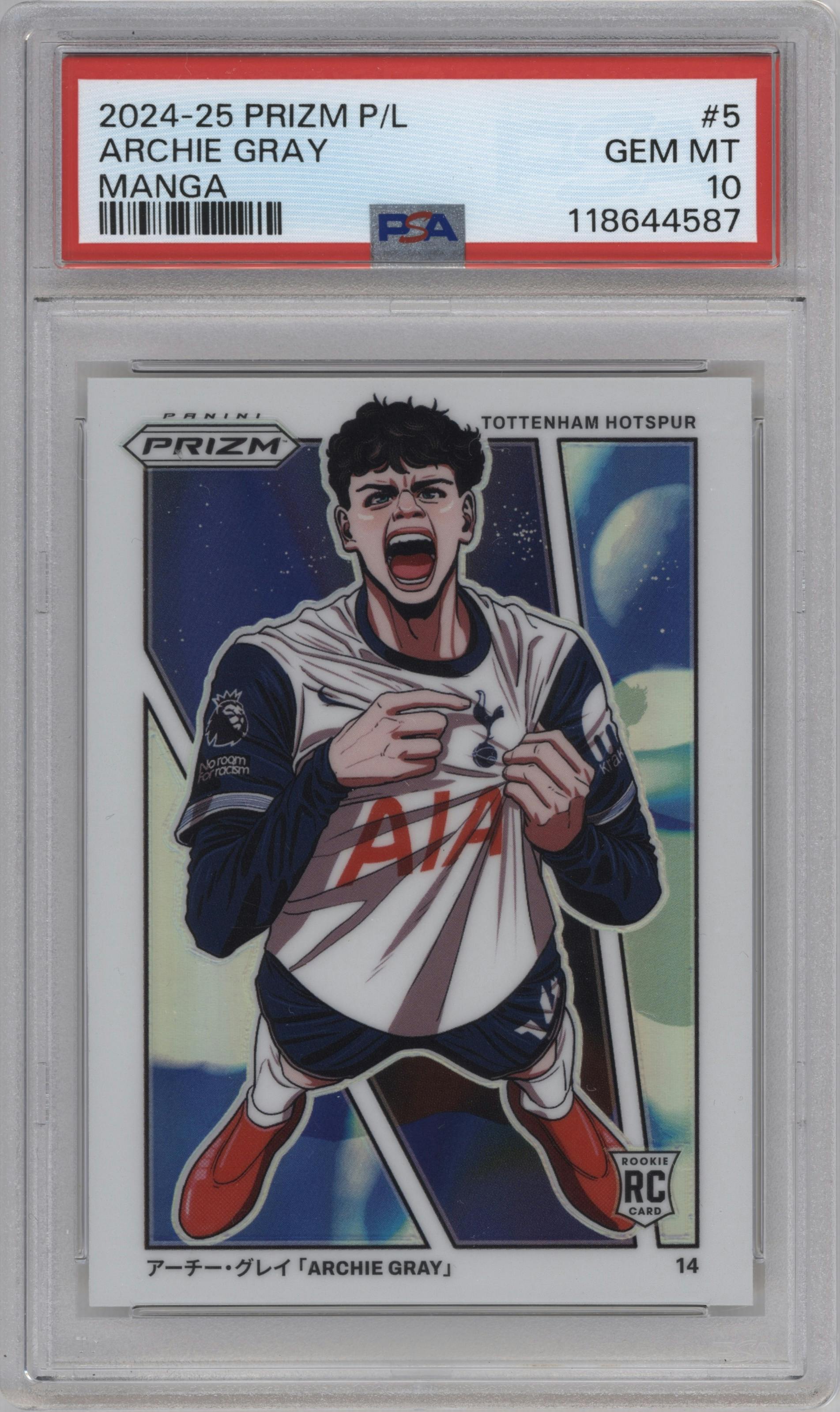 Archie Gray from the 2024-25 Panini Prizm Premier League set graded by PSA and given an overall grade of 10.
