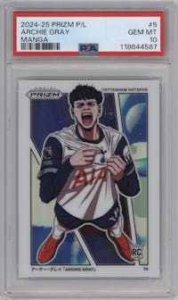 Archie Gray from the 2024-25 Panini Prizm Premier League set graded by PSA and given an overall grade of 10.