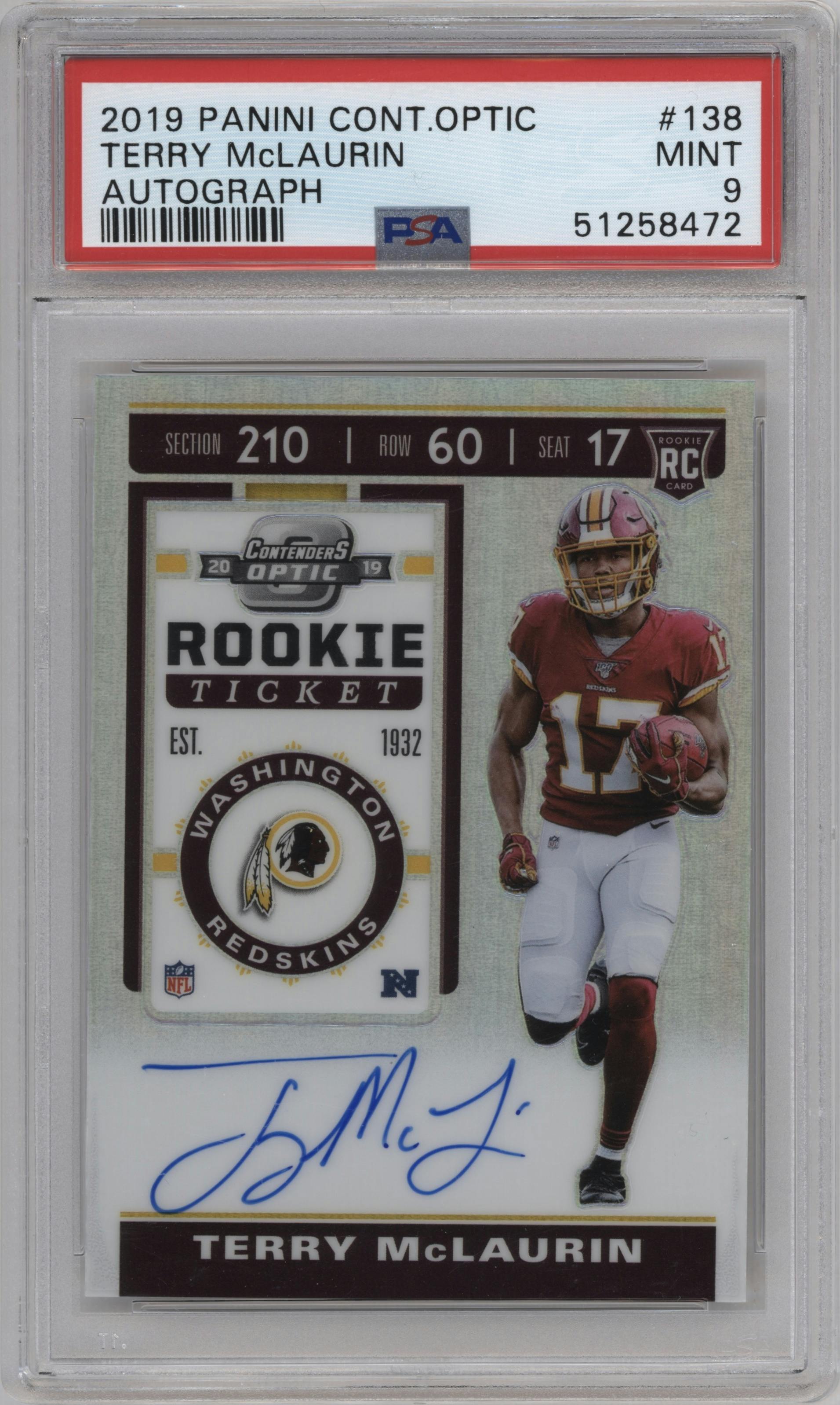 Terry McLaurin from the 2019 Panini Contenders Optic set graded by PSA and given an overall grade of 9.