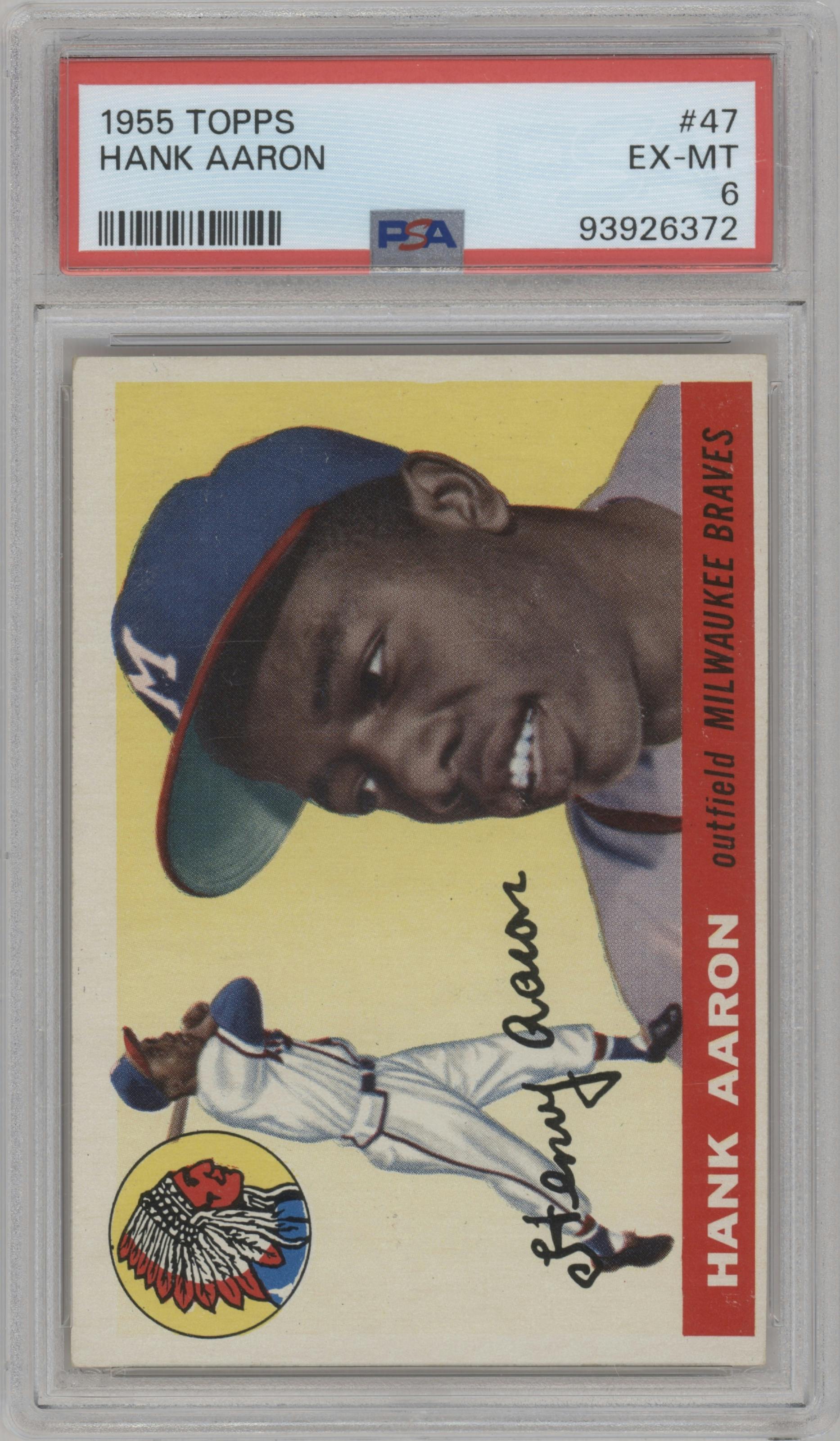 Hank Aaron from the 1955 Topps set graded by PSA and given an overall grade of 6.