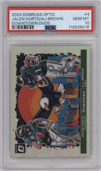 Jalen Hurts/A.J. Brown from the 2024 Donruss Optic set graded by PSA and given an overall grade of 10.