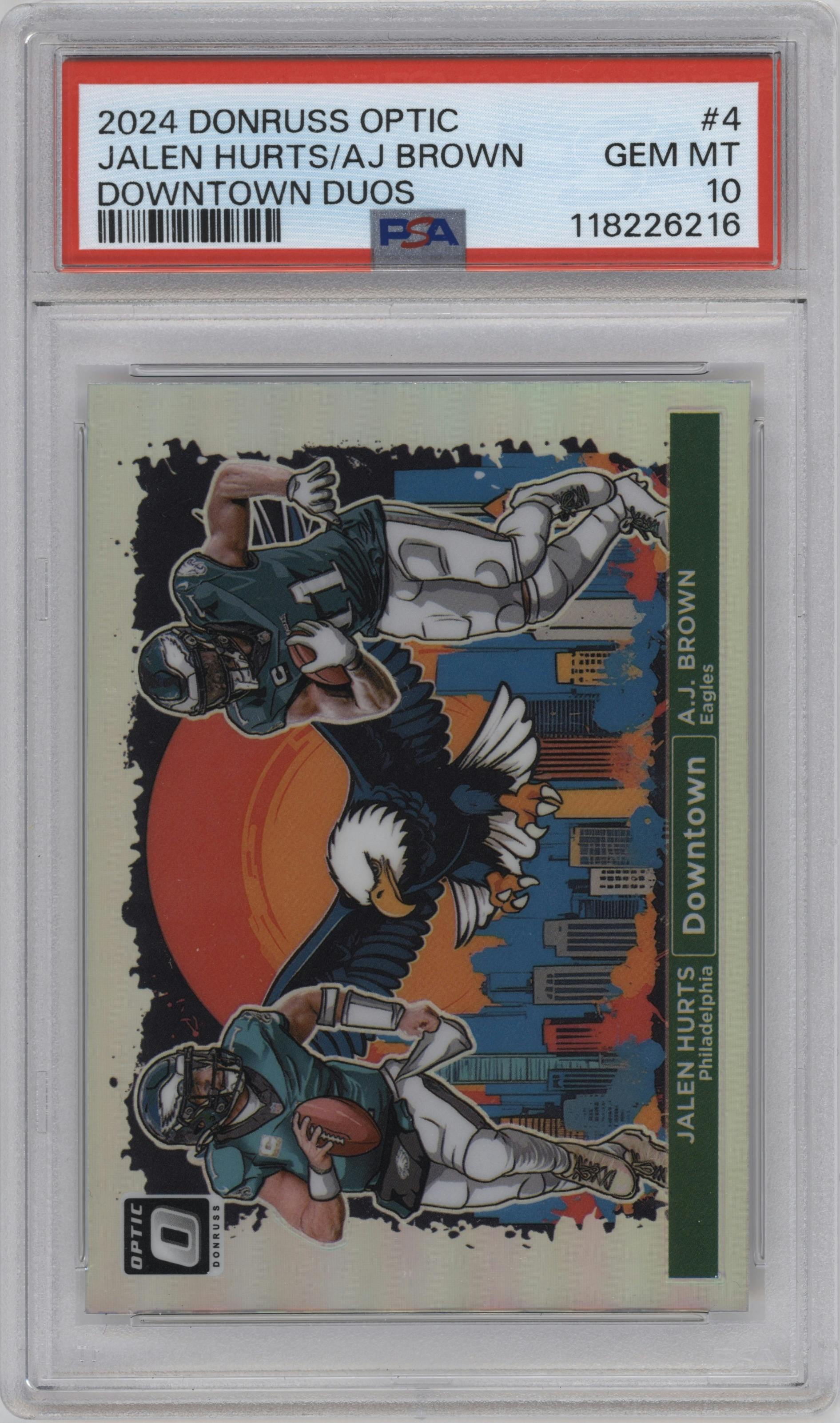 Jalen Hurts/A.J. Brown from the 2024 Donruss Optic set graded by PSA and given an overall grade of 10.