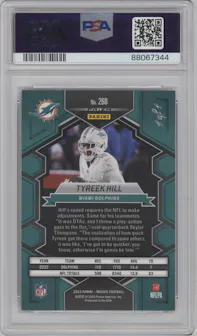 Tyreek Hill from the 2023 Panini Mosaic set featuring a Choice Nebula parallel graded by PSA and given an overall grade of 10.
