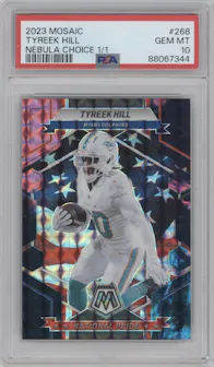 Tyreek Hill from the 2023 Panini Mosaic set featuring a Choice Nebula parallel graded by PSA and given an overall grade of 10.