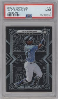 Julio Rodriguez from the 2022 Panini Chronicles set graded by PSA and given an overall grade of 9.