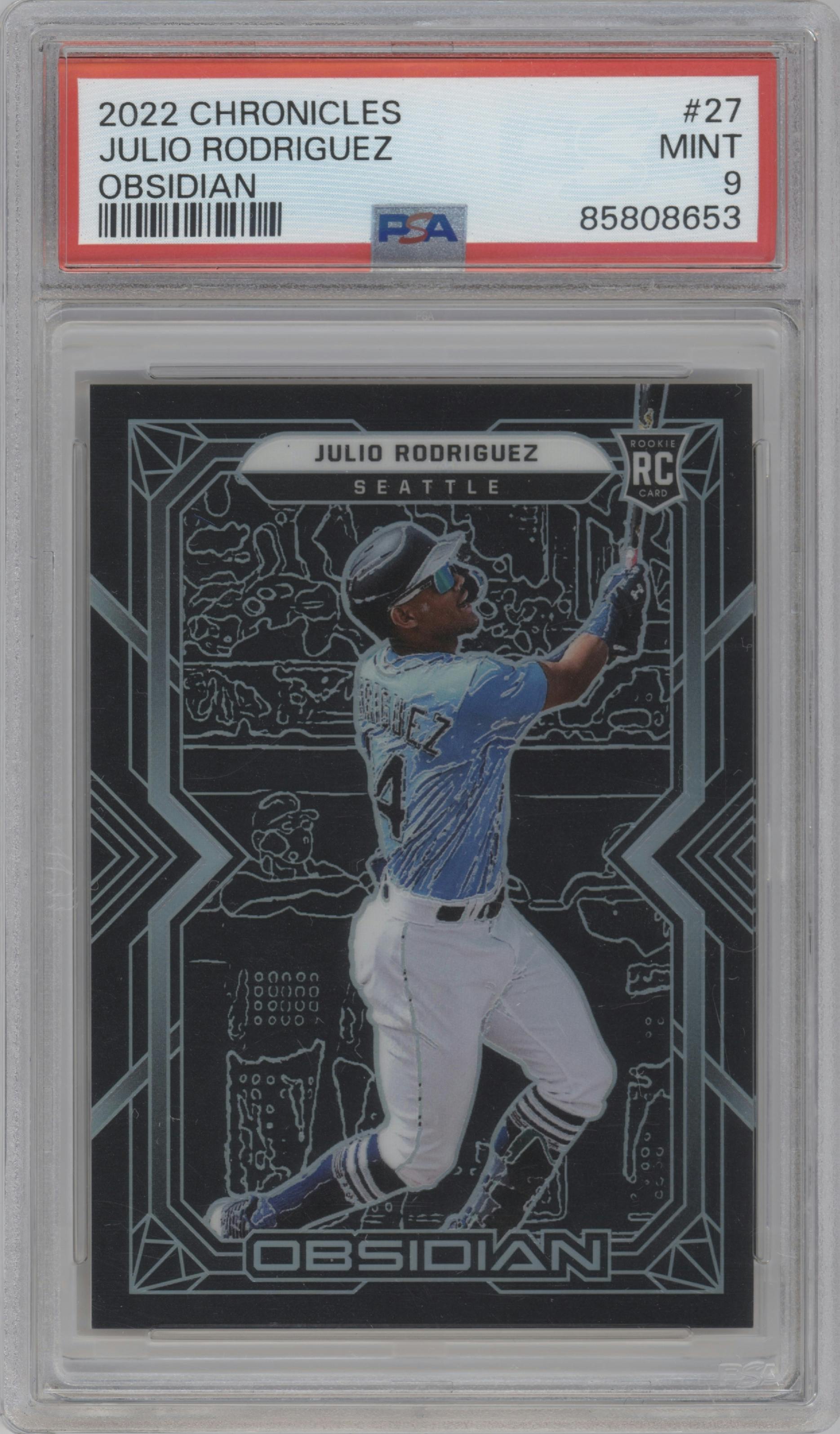 Julio Rodriguez from the 2022 Panini Chronicles set graded by PSA and given an overall grade of 9.