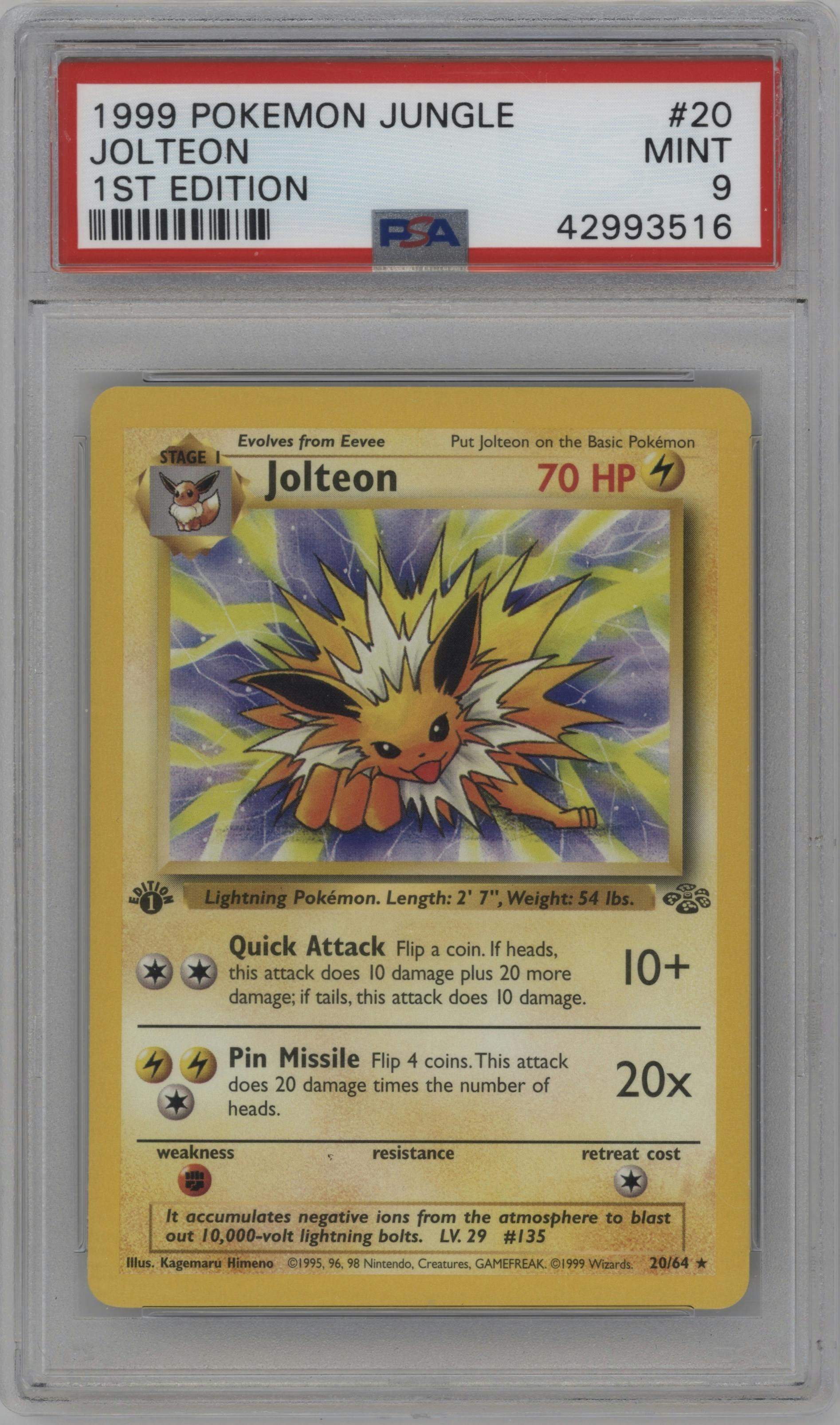 Jolteon from the 1999 Pokemon set graded by PSA and given an overall grade of 9.