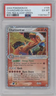 Charizard ex from the 2004 Pokemon EX set graded by PSA and given an overall grade of 6.