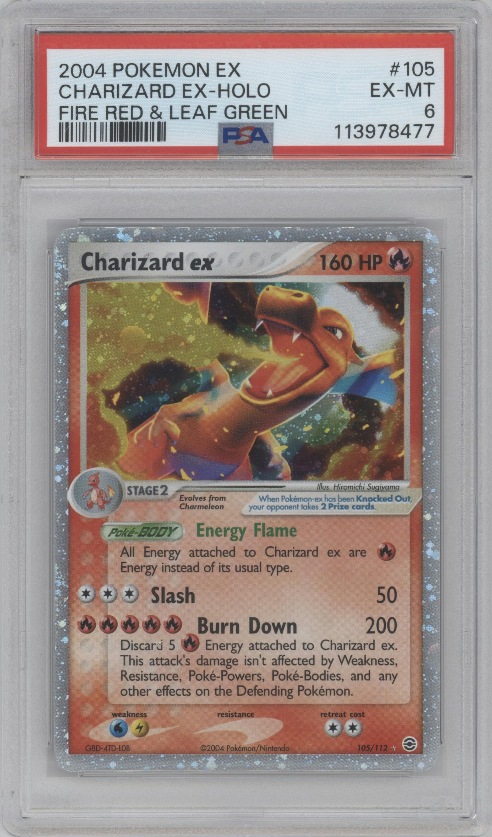 Charizard ex from the 2004 Pokemon EX set graded by PSA and given an overall grade of 6.