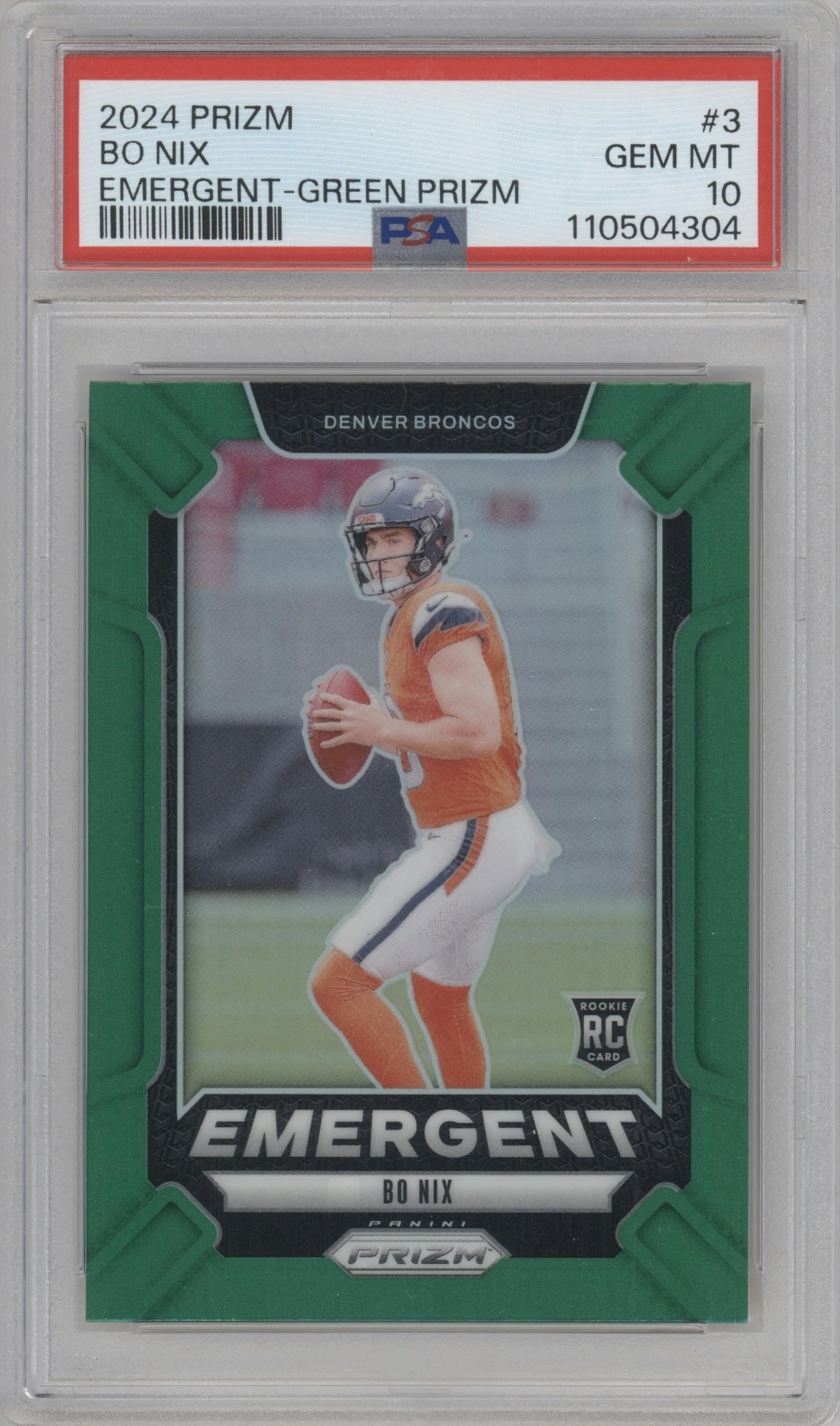 Bo Nix from the 2024 Panini Prizm set featuring a Green Prizm parallel graded by PSA and given an overall grade of 10.