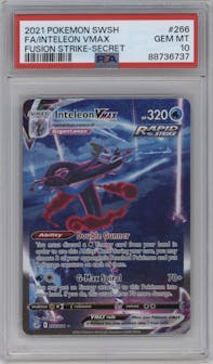 Inteleon VMAX from the 2021 Pokemon SWSH set graded by PSA and given an overall grade of 10.