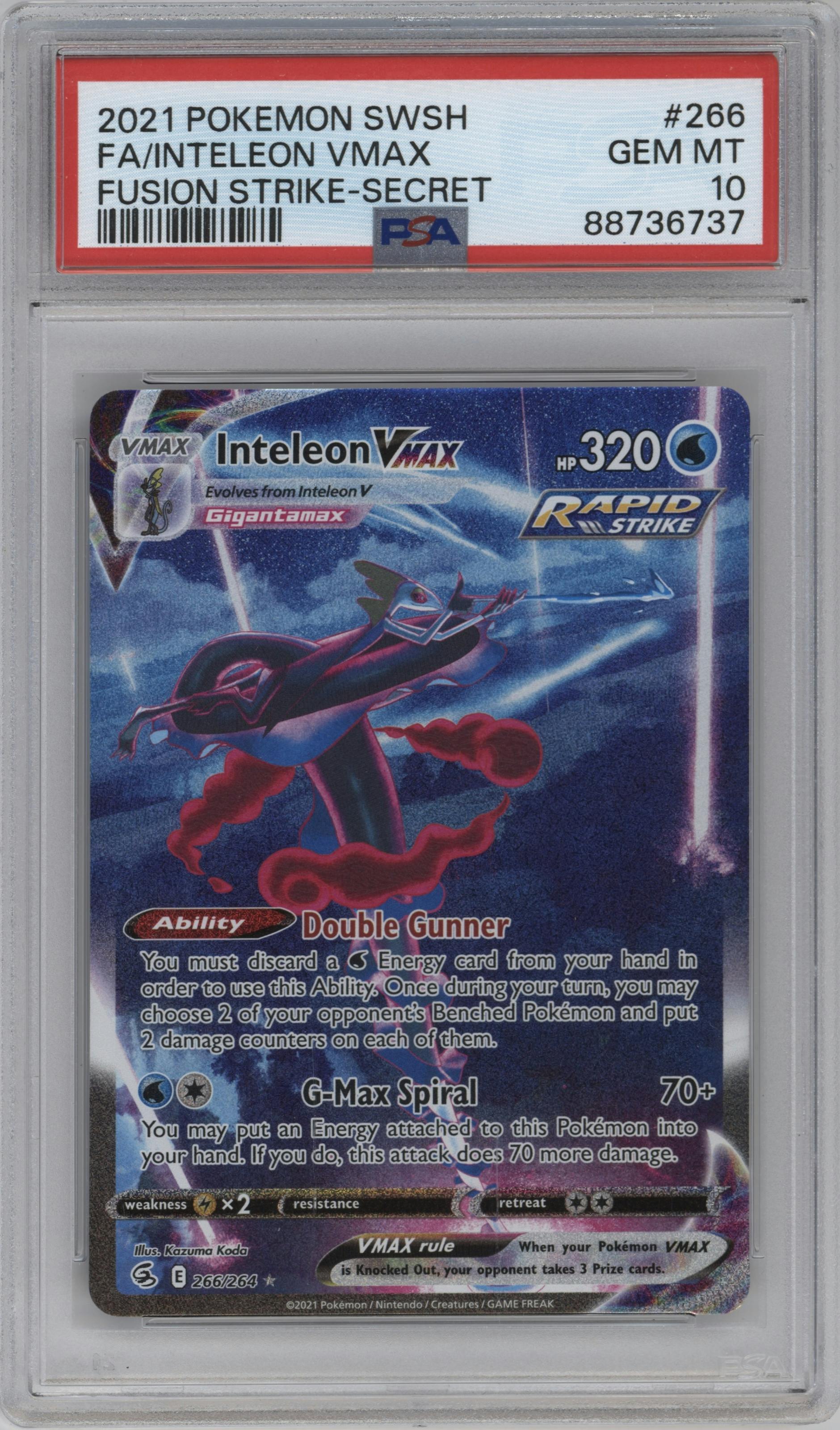 Inteleon VMAX from the 2021 Pokemon SWSH set graded by PSA and given an overall grade of 10.