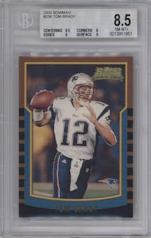 Tom Brady from the 2000 Bowman set graded by Beckett and given an overall grade of 8.5.