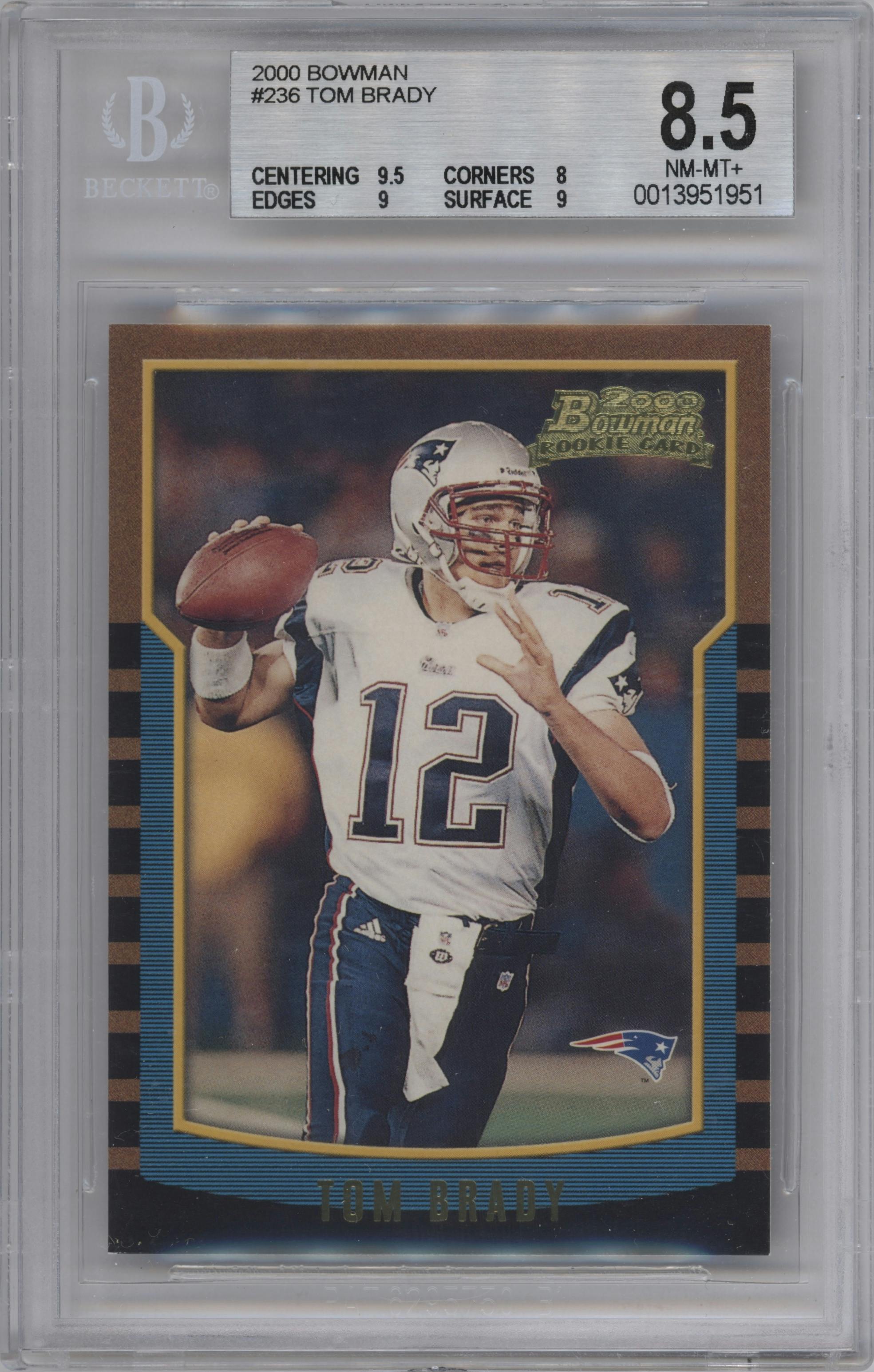 Tom Brady from the 2000 Bowman set graded by Beckett and given an overall grade of 8.5.