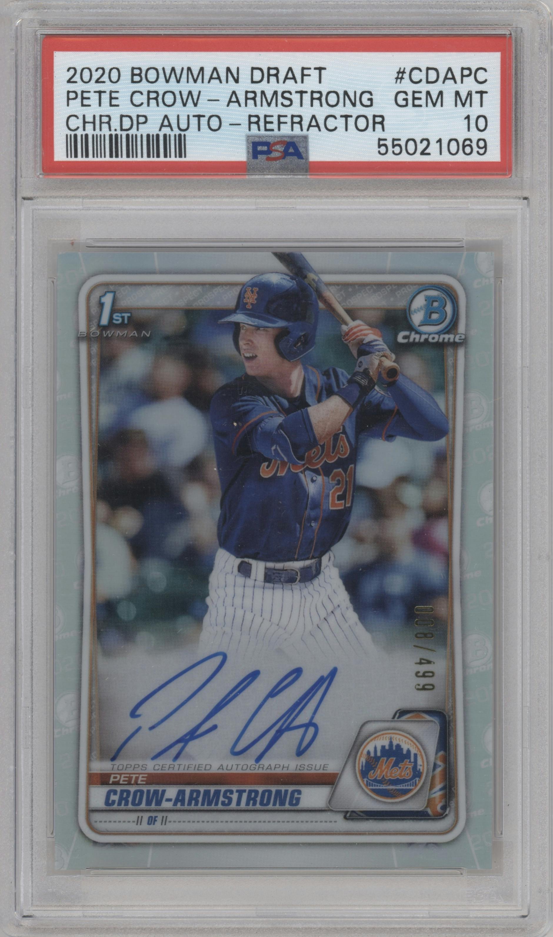 Pete Crow-Armstrong from the 2020 Bowman Draft set featuring a Refractor parallel graded by PSA and given an overall grade of 10.