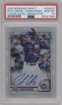 Pete Crow-Armstrong from the 2020 Bowman Draft set featuring a Refractor parallel graded by PSA and given an overall grade of 10.