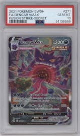 Gengar VMAX from the 2021 Pokemon SWSH set graded by PSA and given an overall grade of 10.