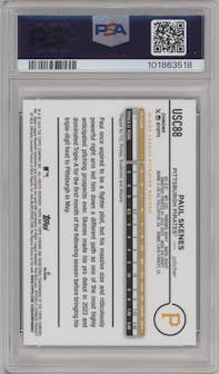 Paul Skenes from the 2024 Topps Chrome Update set featuring a Gold Speckle Refractor parallel graded by PSA and given an overall grade of 10.