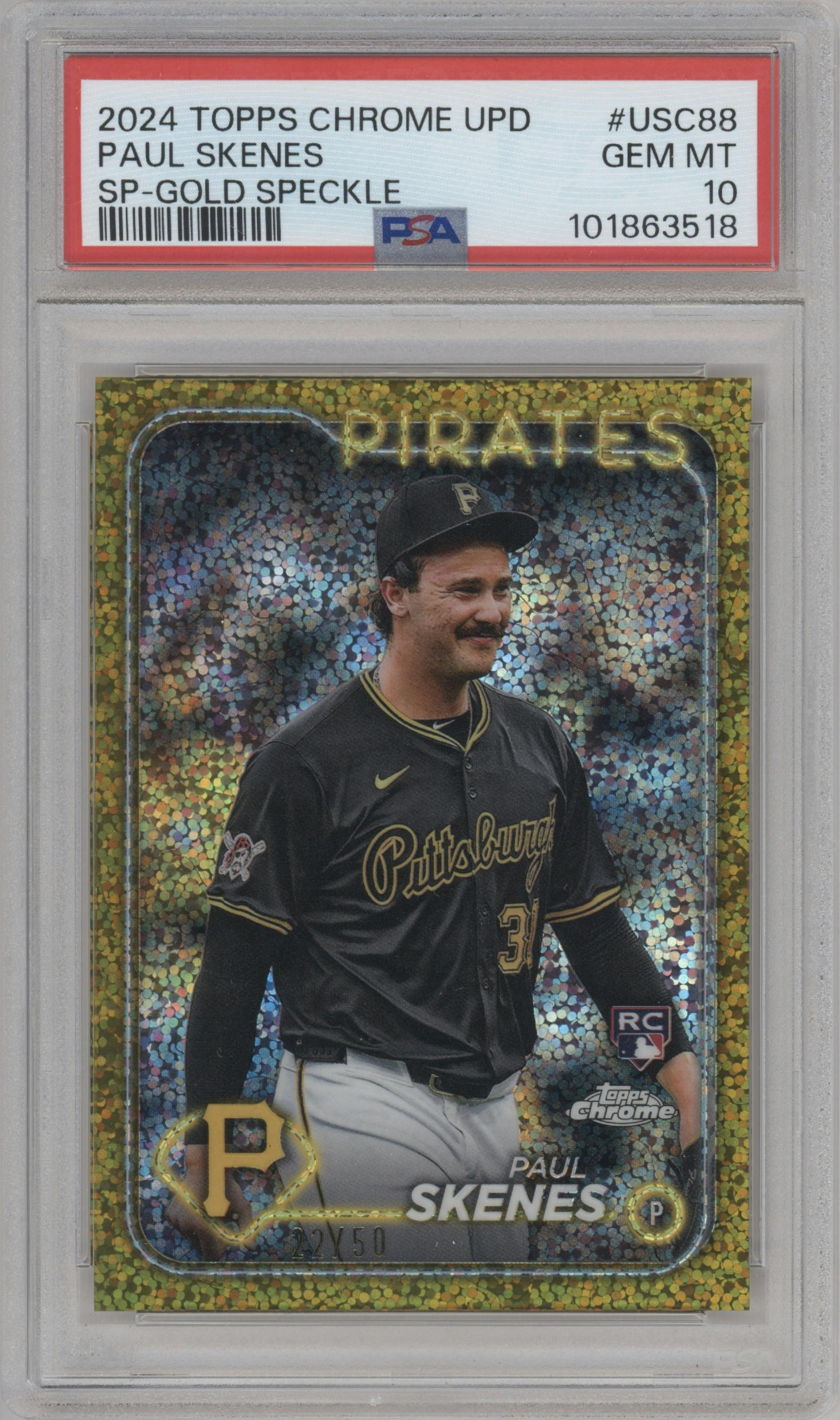 Paul Skenes from the 2024 Topps Chrome Update set featuring a Gold Speckle Refractor parallel graded by PSA and given an overall grade of 10.