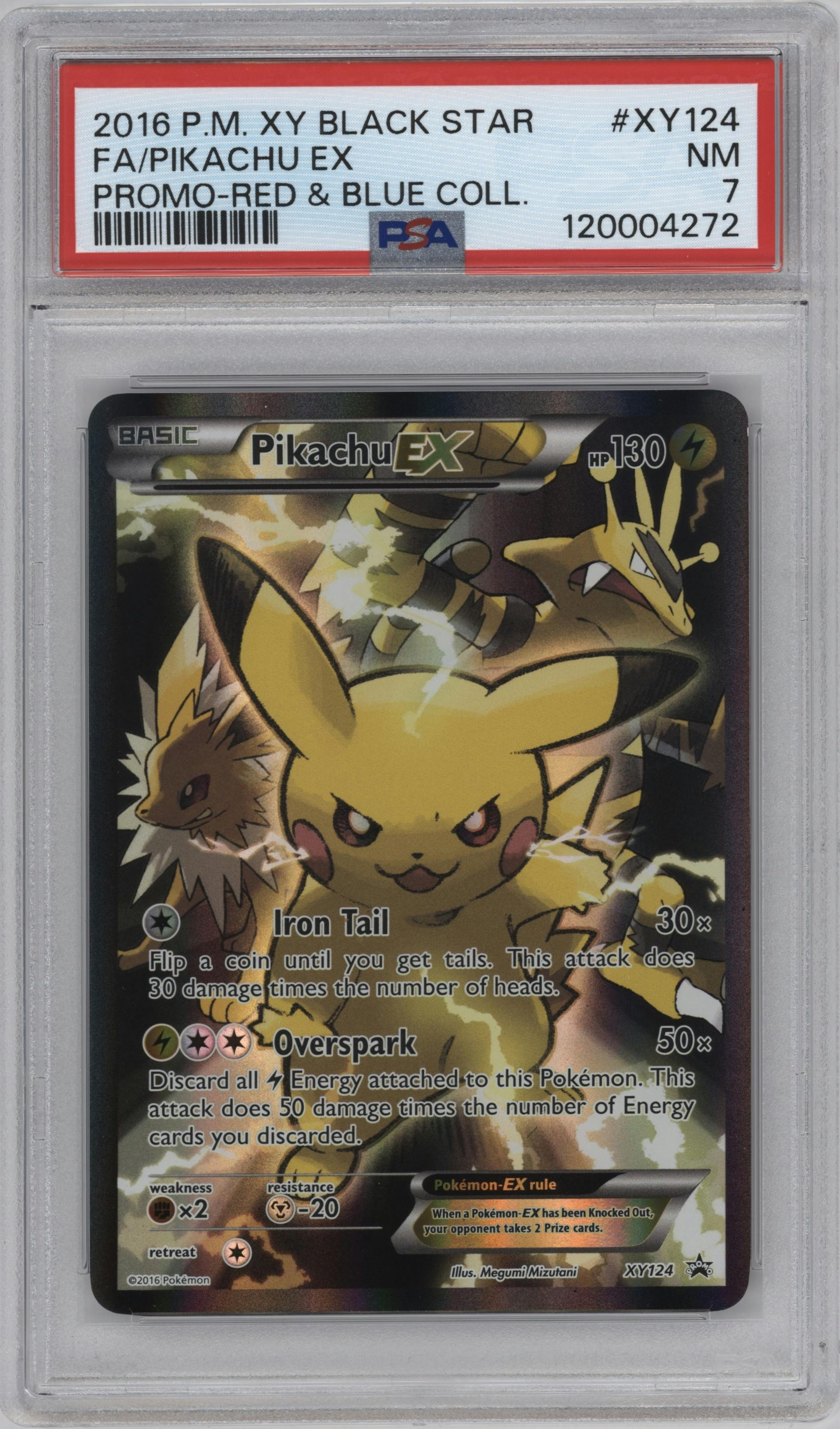Pikachu EX from the 2016 Pokemon XY set featuring a Pikachu EX Red & Blue Collection parallel graded by PSA and given an overall grade of 7.