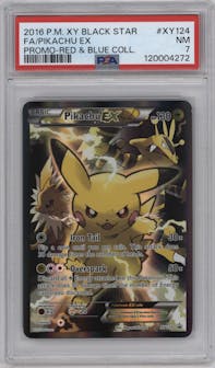 Pikachu EX from the 2016 Pokemon XY set featuring a Pikachu EX Red & Blue Collection parallel graded by PSA and given an overall grade of 7.