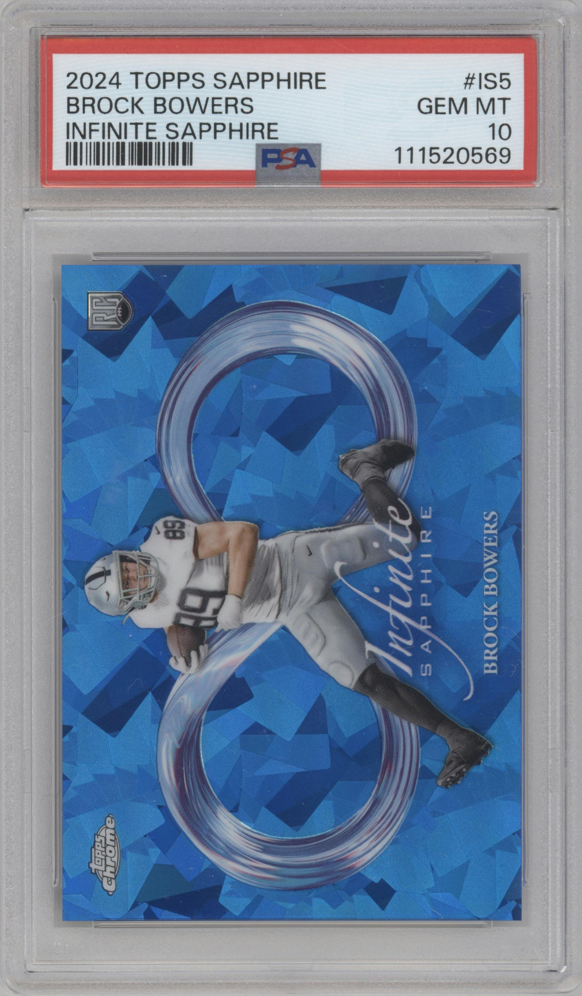 Brock Bowers from the 2024 Topps Chrome Sapphire Edition set graded by PSA and given an overall grade of 10.
