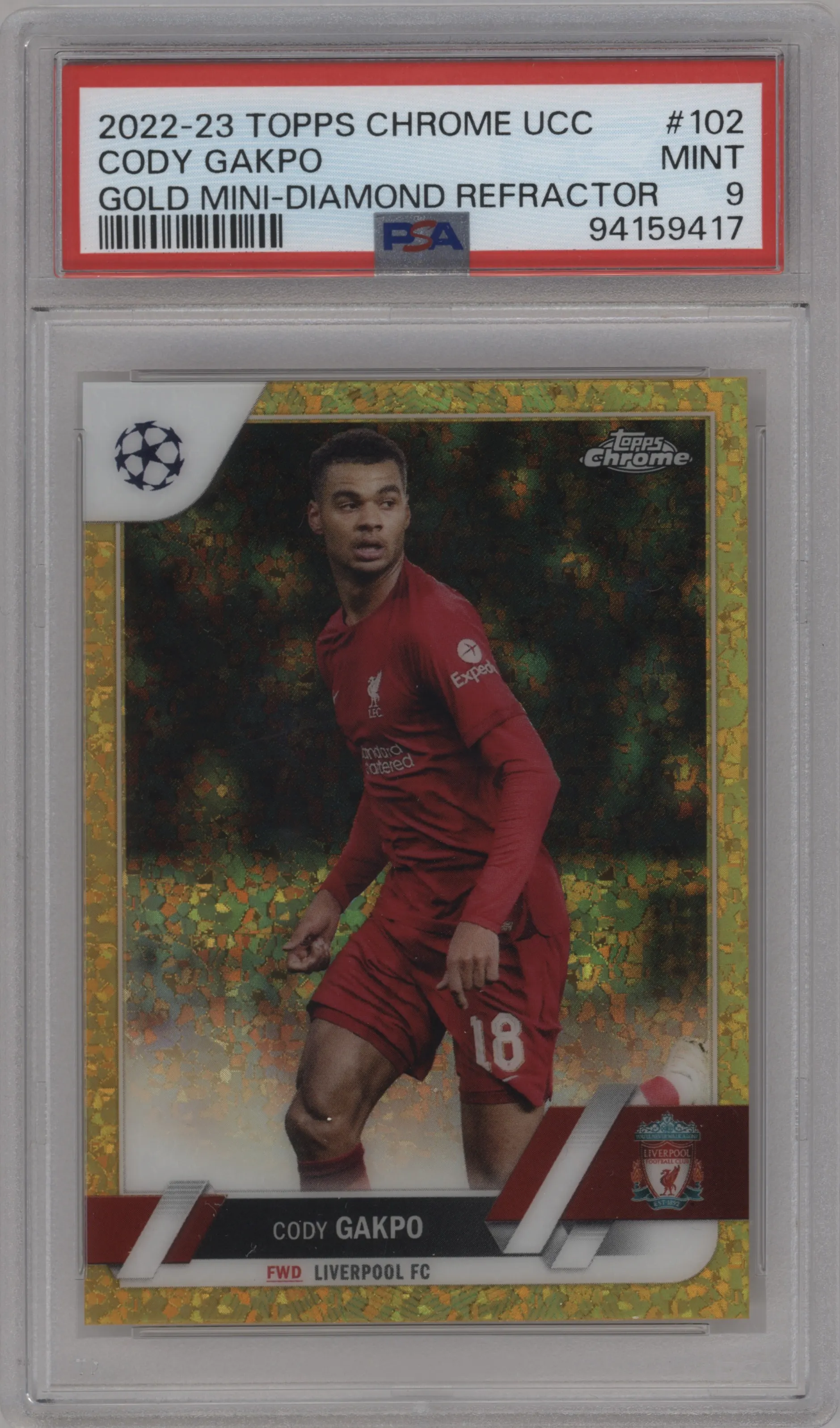 2022 Topps Chrome UEFA Club Competitions Cody Gakpo Gold Mini-Diamond Refractor PSA 9