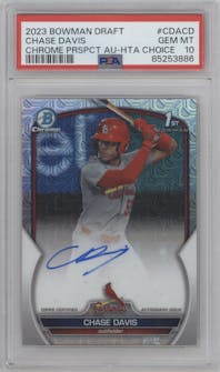 Chase Davis from the 2023 Bowman Draft set featuring a HTA Choice Refractor parallel graded by PSA and given an overall grade of 10.