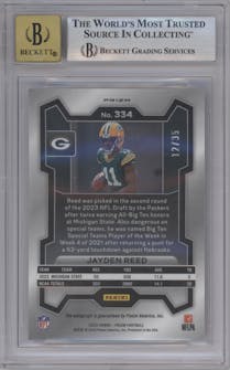 Jayden Reed from the 2023 Panini Prizm set featuring a Red Shimmer parallel graded by Beckett and given an overall grade of 9.
