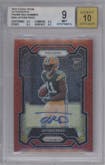 Jayden Reed from the 2023 Panini Prizm set featuring a Red Shimmer parallel graded by Beckett and given an overall grade of 9.