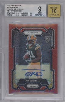 Jayden Reed from the 2023 Panini Prizm set featuring a Red Shimmer parallel graded by Beckett and given an overall grade of 9.