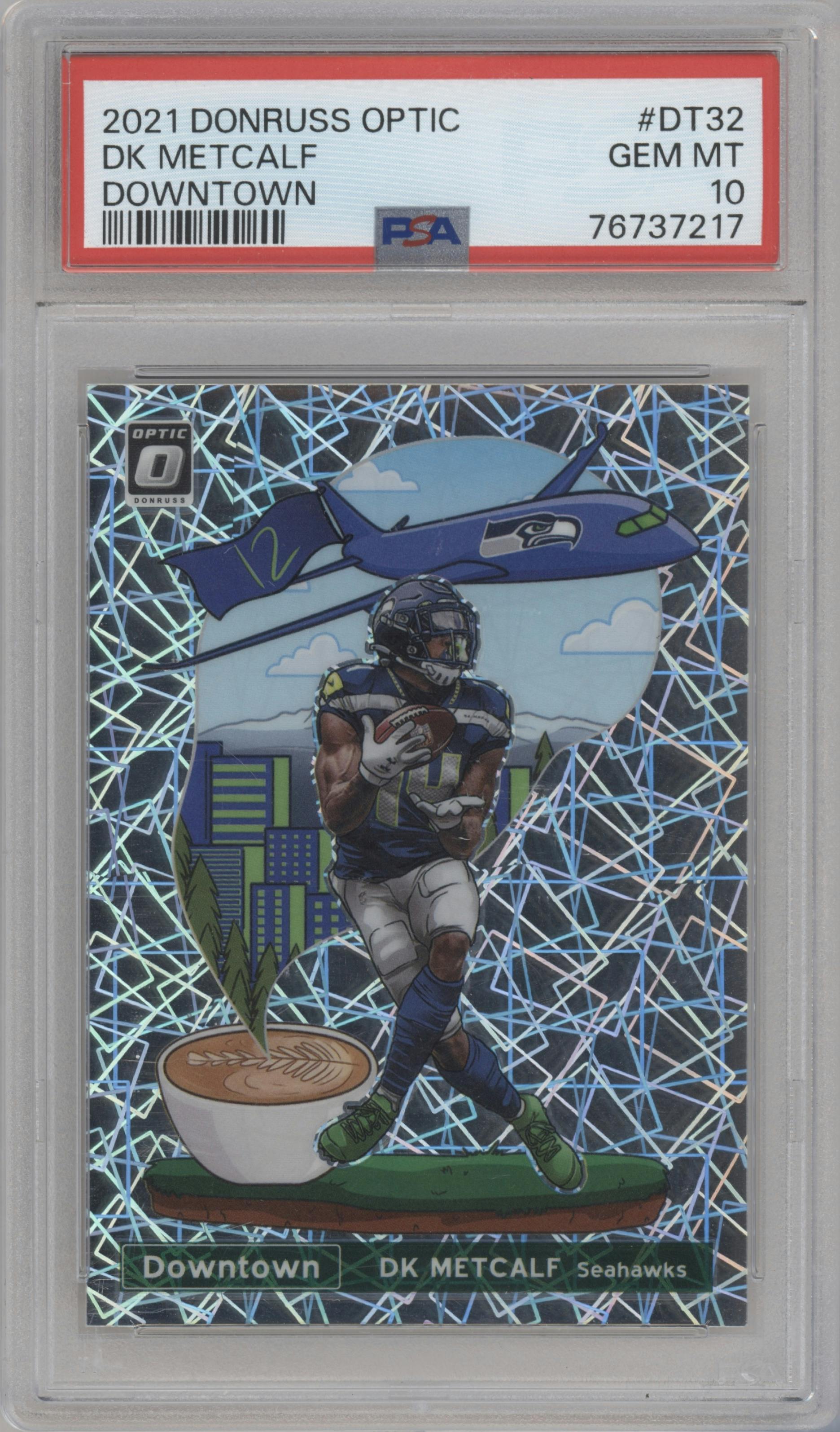 DK Metcalf from the 2021 Panini Donruss Optic set graded by PSA and given an overall grade of 10.