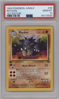 Rhydon from the 1999 Pokemon set graded by PSA and given an overall grade of 10.