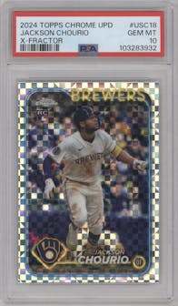 Jackson Chourio from the 2024 Topps Chrome Update set featuring a X-Fractor parallel graded by PSA and given an overall grade of 10.