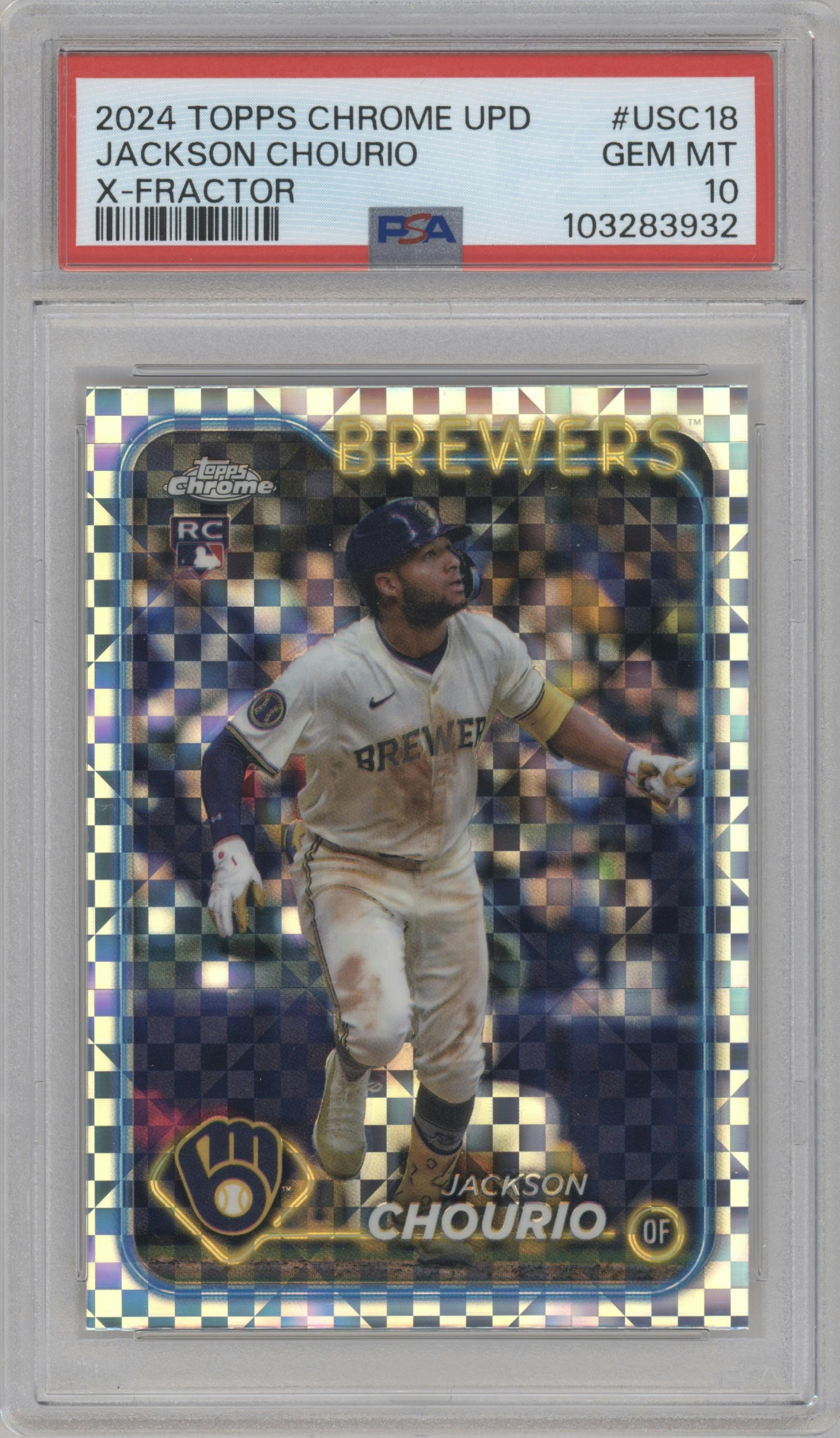 Jackson Chourio from the 2024 Topps Chrome Update set featuring a X-Fractor parallel graded by PSA and given an overall grade of 10.