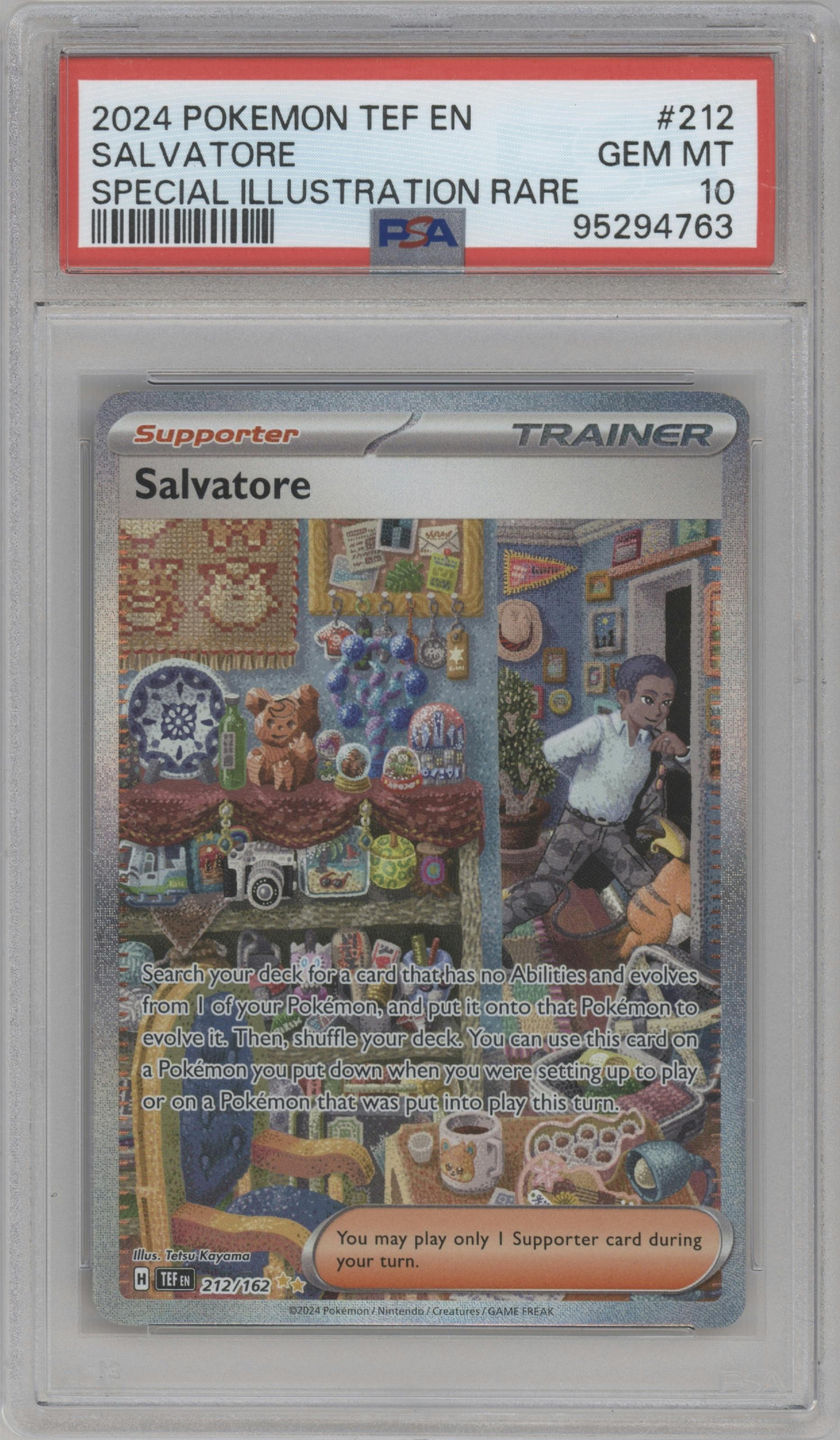 Salvatore from the 2024 Pokemon SV set graded by PSA and given an overall grade of 10.
