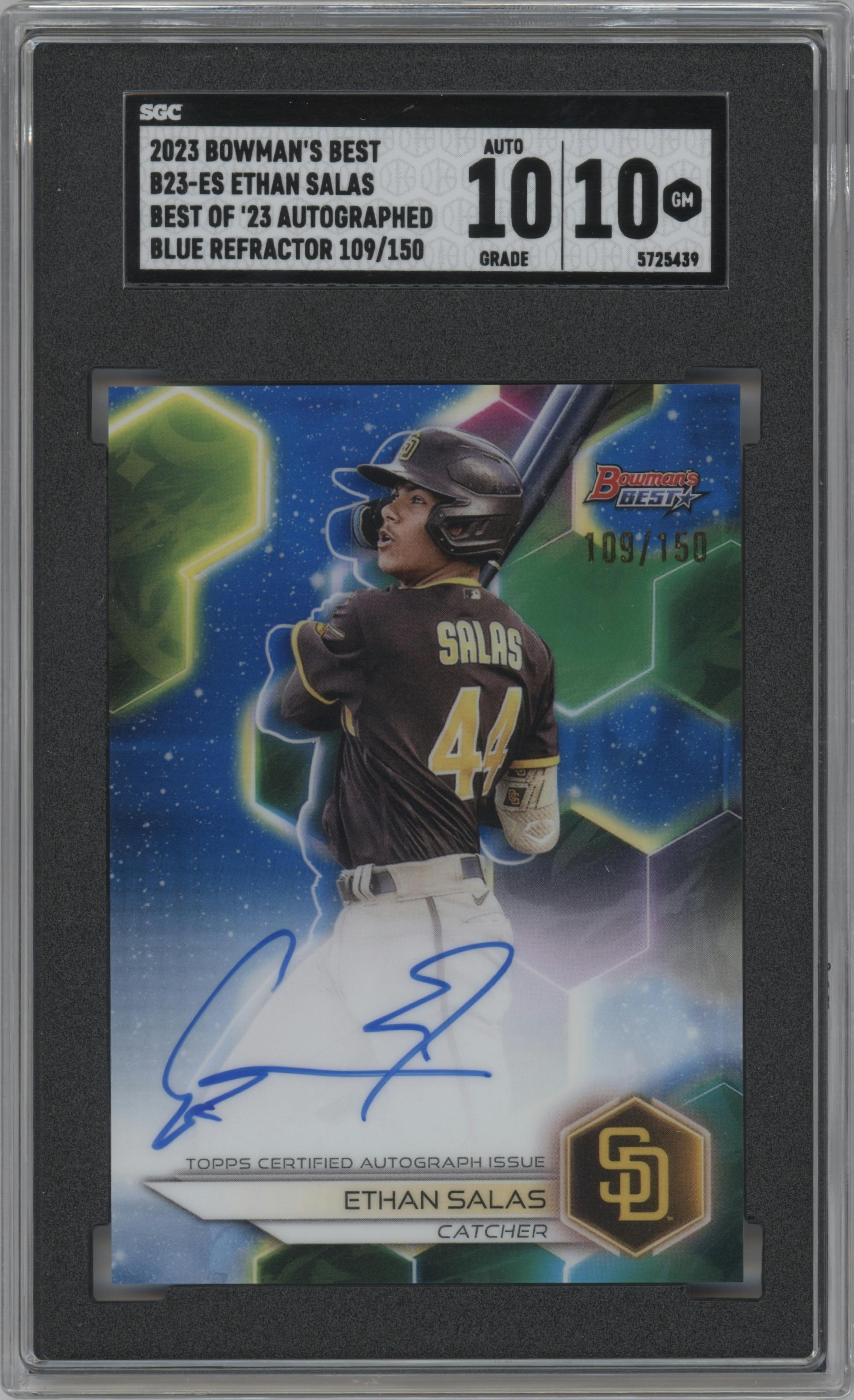 Ethan Salas from the 2023 Bowman's Best set featuring a Blue Refractor parallel graded by SGC and given an overall grade of 10.