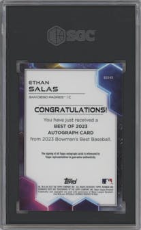 Ethan Salas from the 2023 Bowman's Best set featuring a Blue Refractor parallel graded by SGC and given an overall grade of 10.