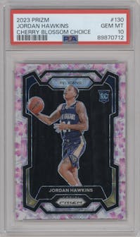 Jordan Hawkins from the 2023-24 Panini Prizm set featuring a Choice Cherry Blossom parallel graded by PSA and given an overall grade of 10.