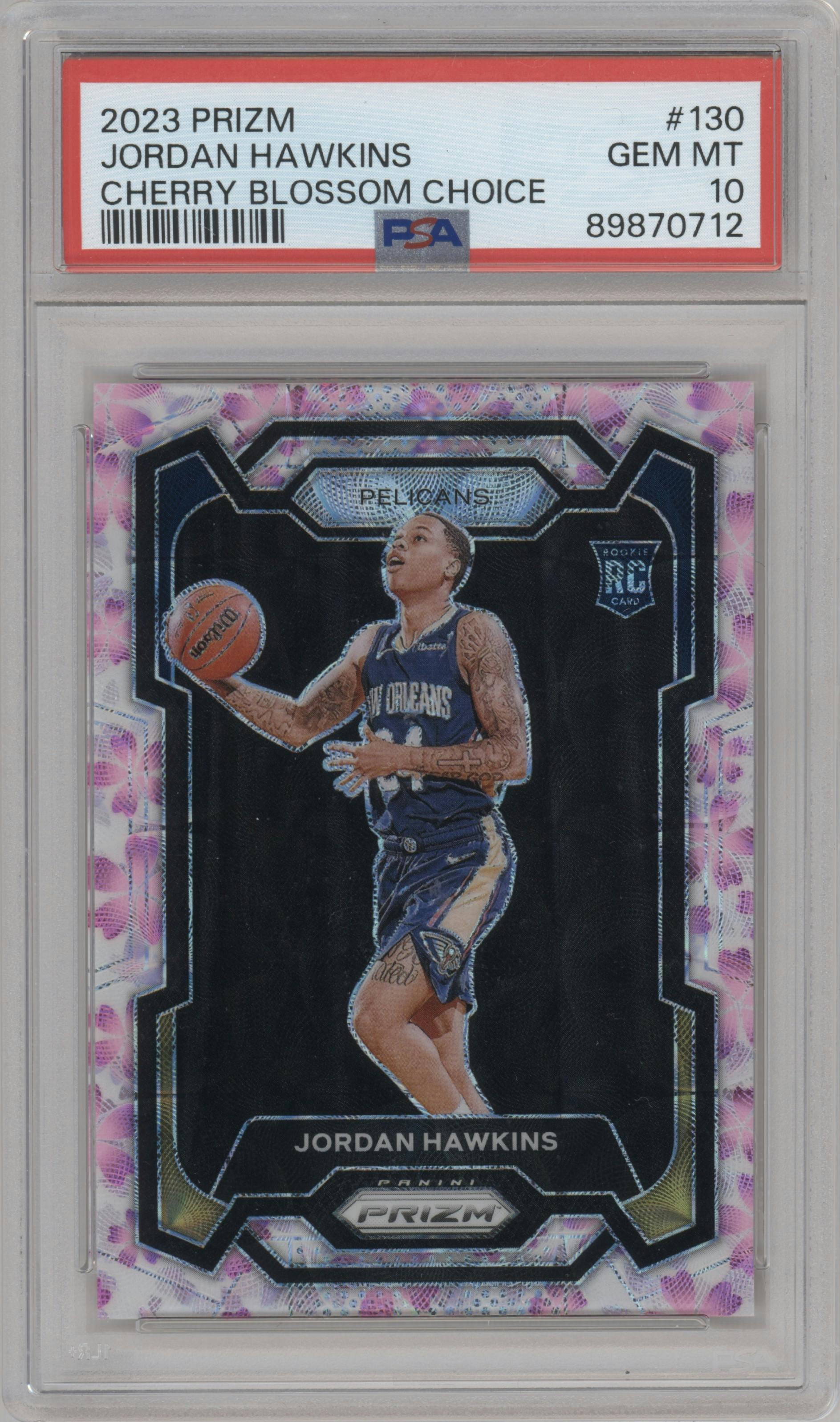 Jordan Hawkins from the 2023-24 Panini Prizm set featuring a Choice Cherry Blossom parallel graded by PSA and given an overall grade of 10.
