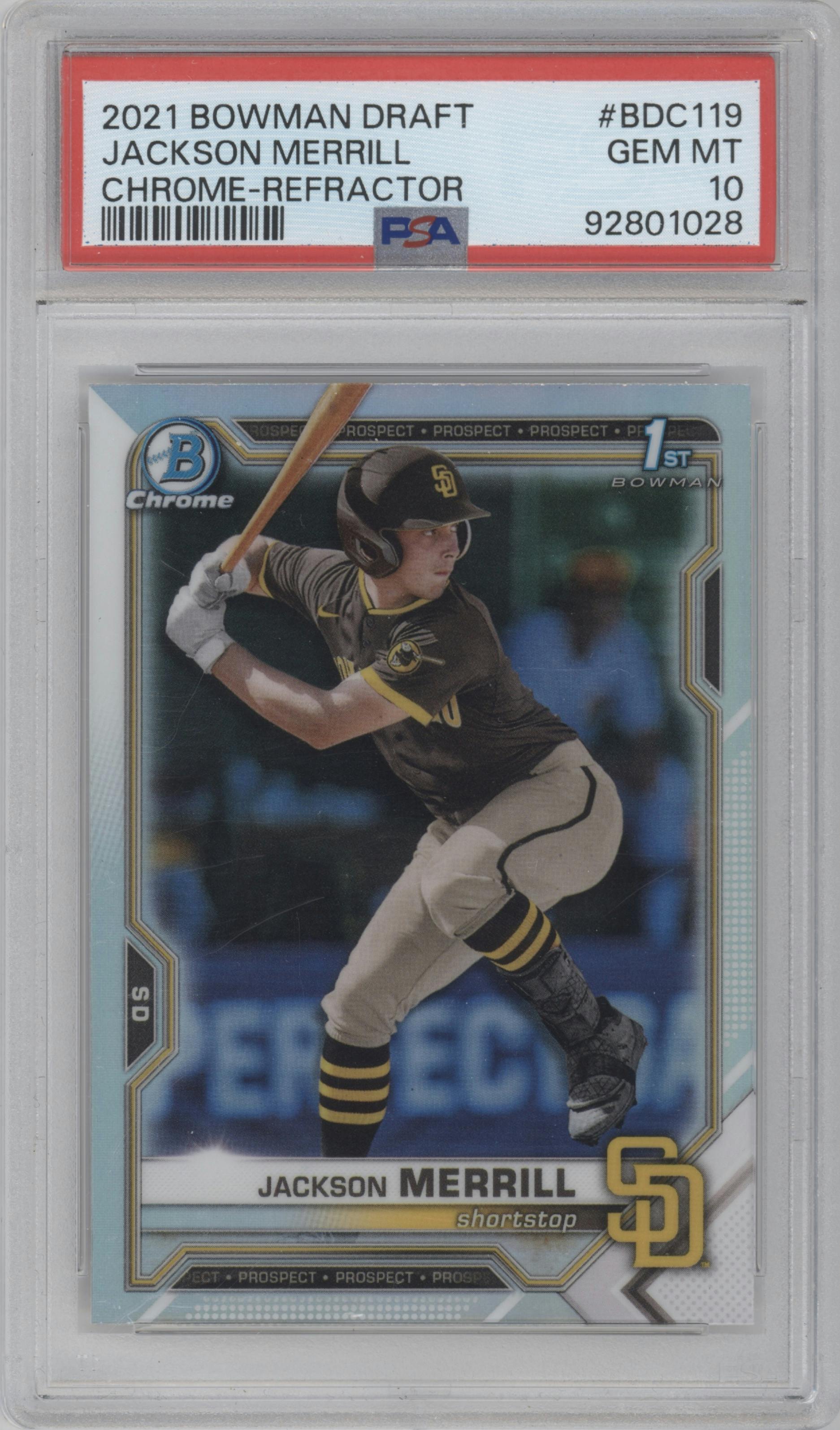Jackson Merrill from the 2021 Bowman Draft set featuring a Refractor parallel graded by PSA and given an overall grade of 10.