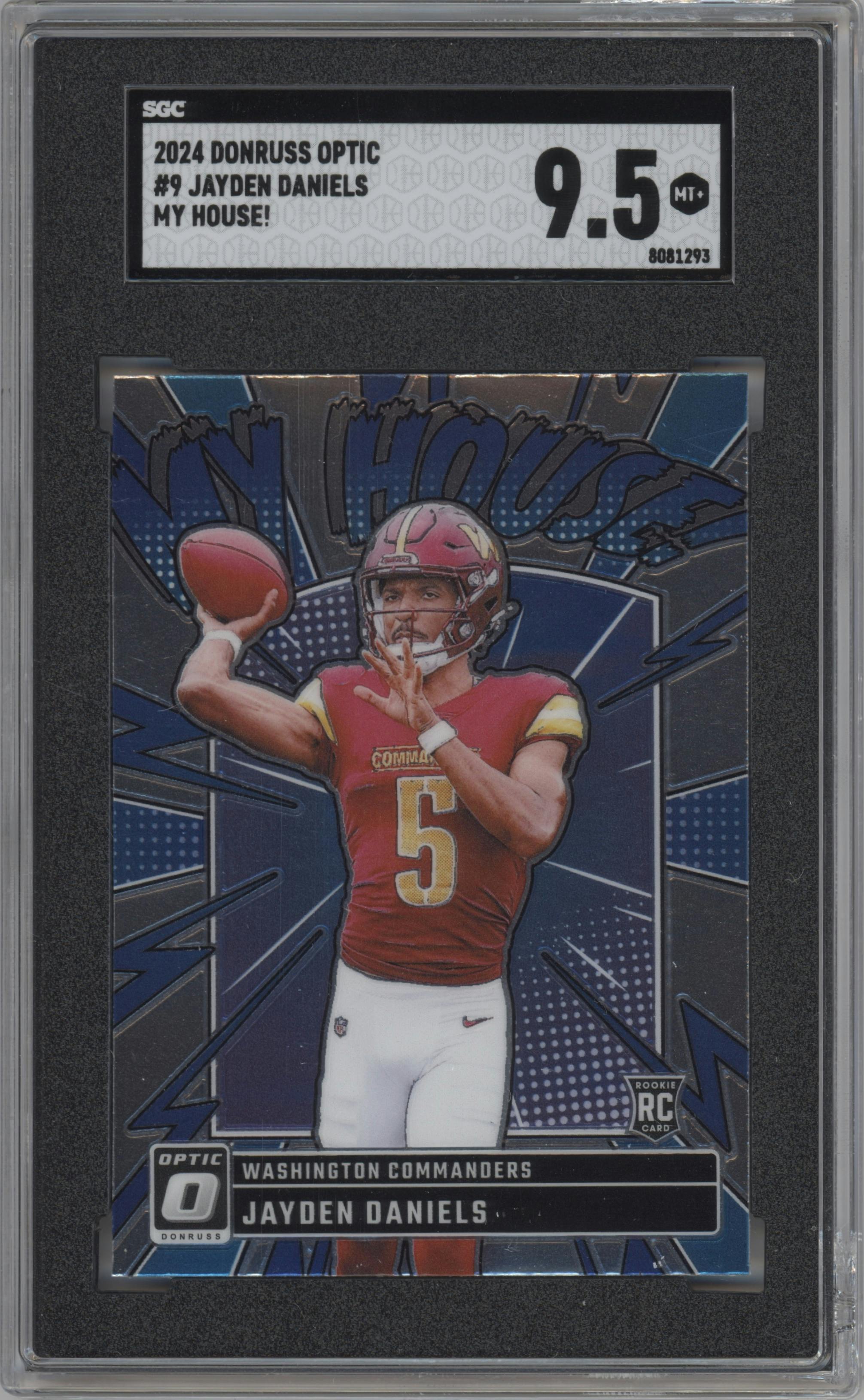 Jayden Daniels from the 2024 Donruss Optic set graded by SGC and given an overall grade of 9.5.