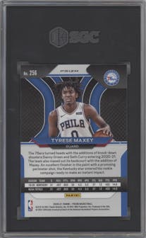 Tyrese Maxey from the 2020-21 Panini Prizm set featuring a Silver Prizm parallel graded by SGC and given an overall grade of 9.